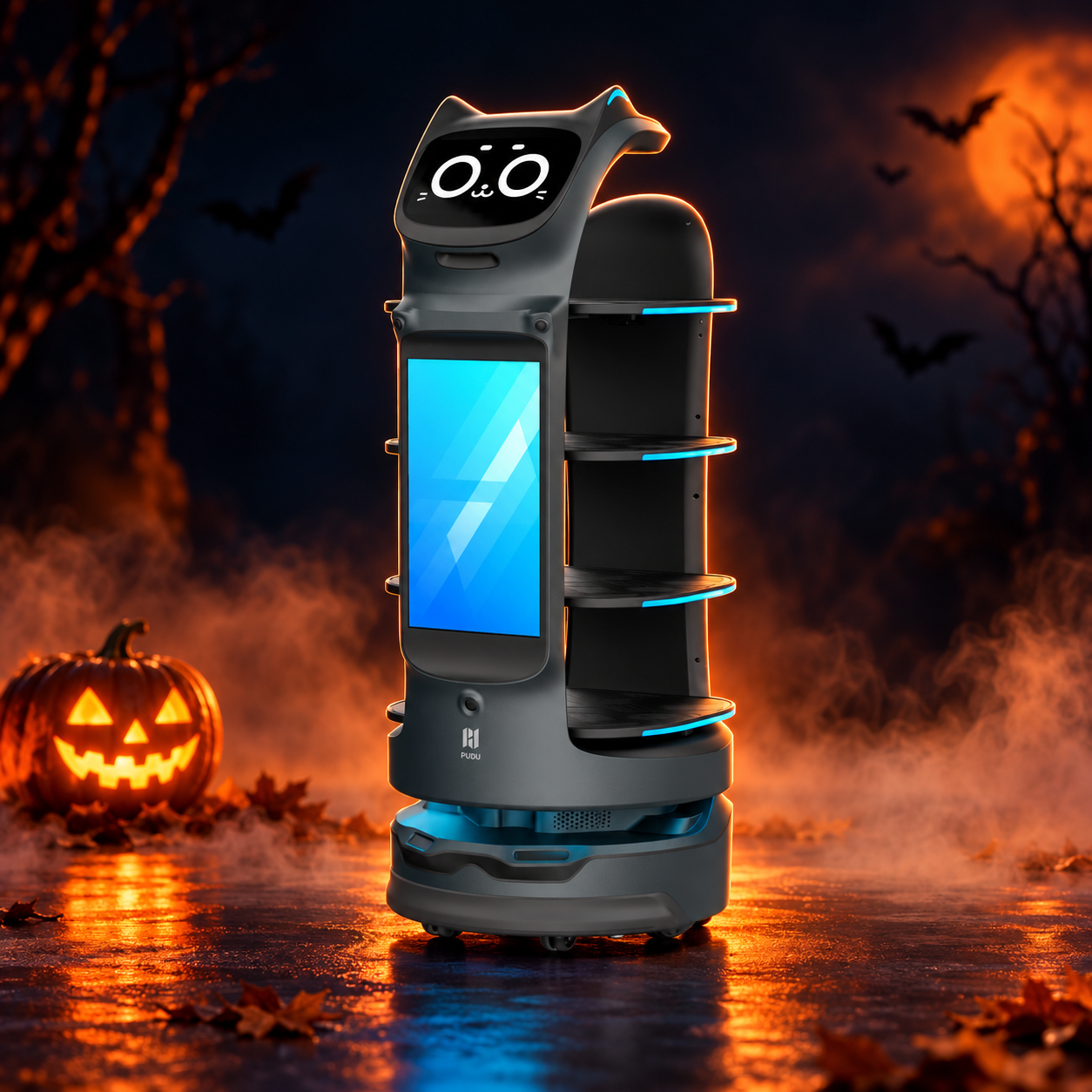 PUDU BellaBot Pro Delivery and Advertising Robot with decorative Halloween styling. Costume not included.